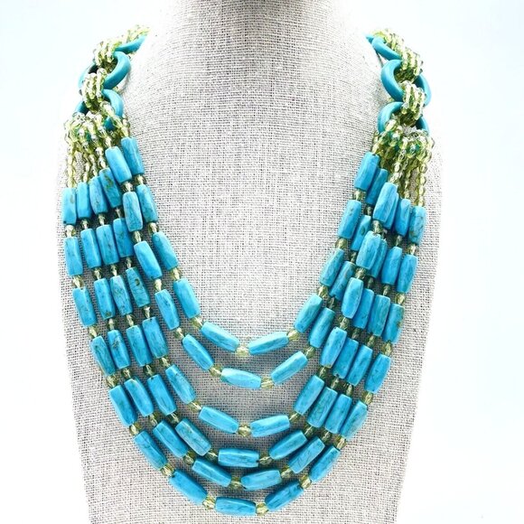 Blue Green Beaded Statement Necklace Multistrand Chunky Green Accent Boho Tribal - Picture 1 of 7